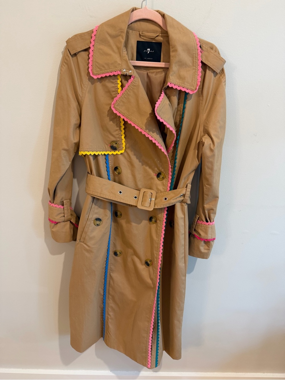 7 For All Mankind Tan Trench Coat with Pink, Blue & Yellow Trim